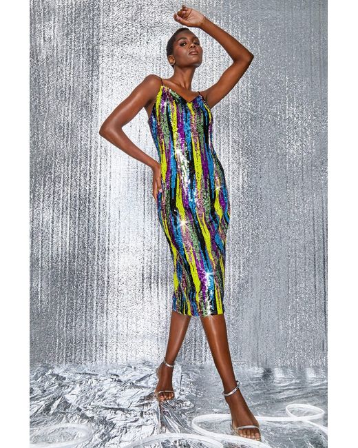 Roman Blue Sleeveless Abstract Embellished Sequin Dress