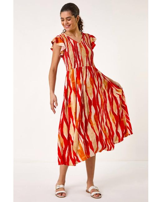 Roman Wave Print Shirred Midi Dress