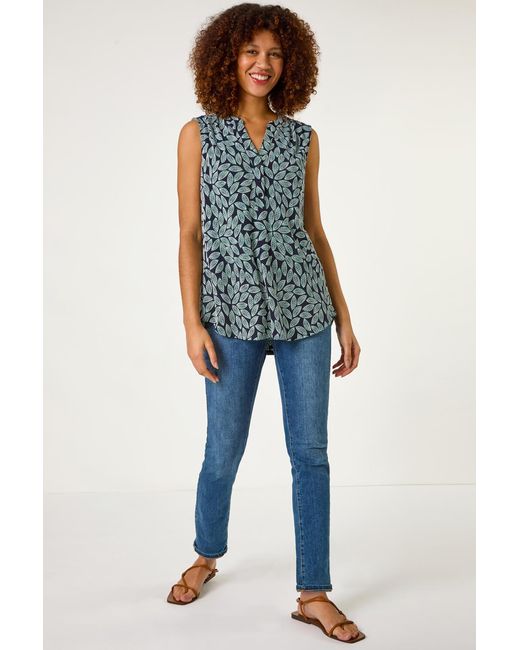 Roman Blue Textured Leaf Print Stretch Top