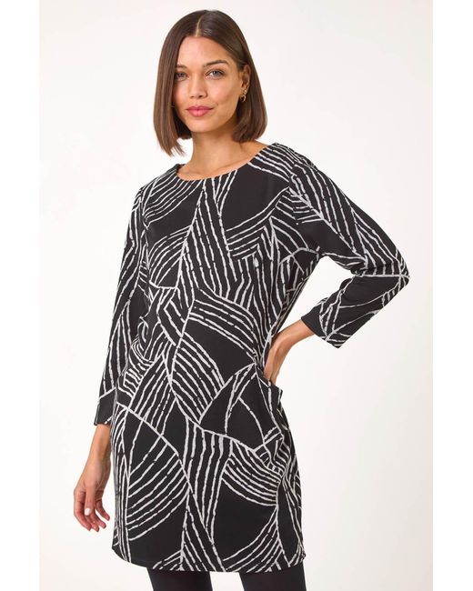 Roman Gray Abstract Print Pocket Detail Tunic Dress