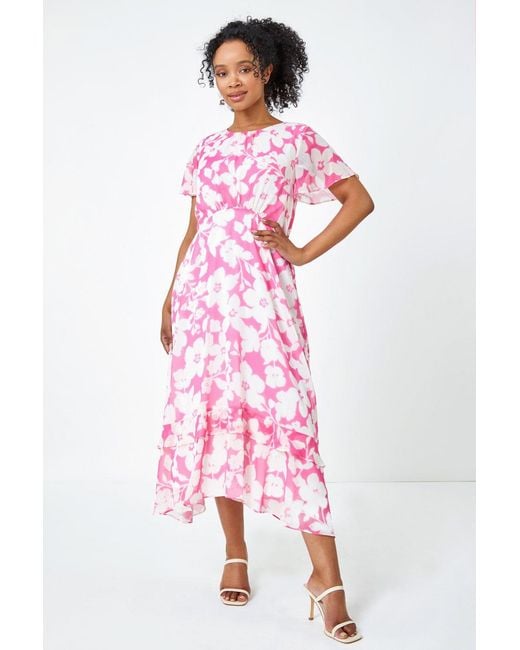 Roman Petite Pink Frill Hem Floral Midi Dress