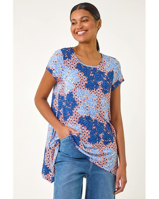 Roman Blue Leaf Print Hanky Hem Tunic Top