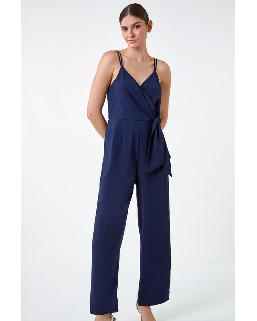 Roman Blue Tie Waist Pocket Detail Wrap Jumpsuit