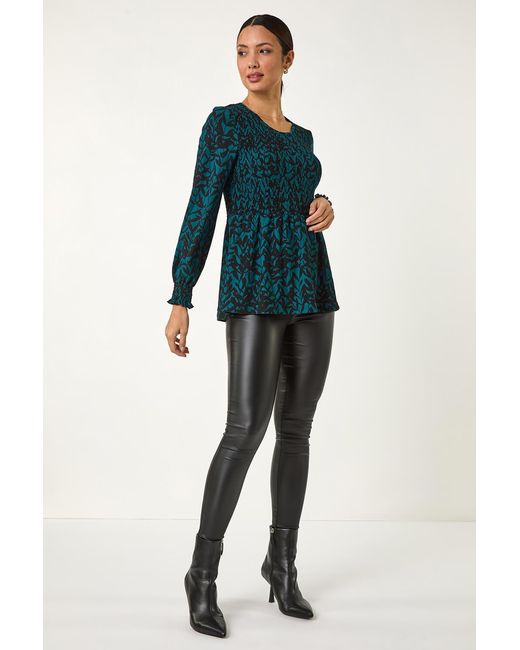 Roman Green Abstract Printed Shirred Tunic Top