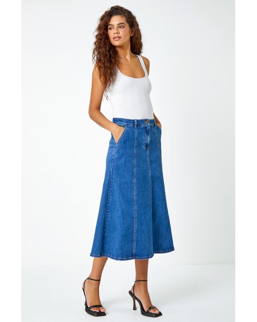 Roman Blue Cotton Denim Panelled Midi Skirt