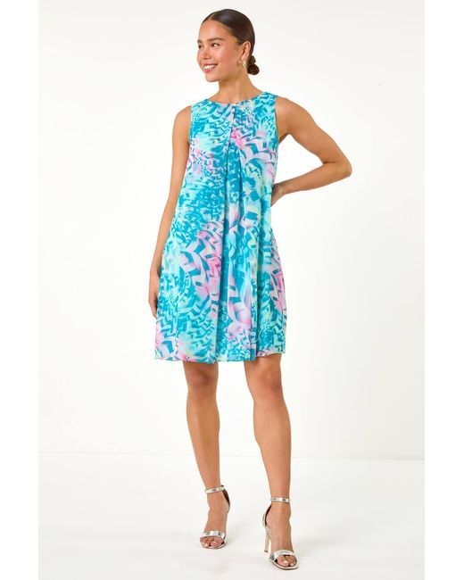 Roman Petite Blue Abstract Print Pleat Neck Dress