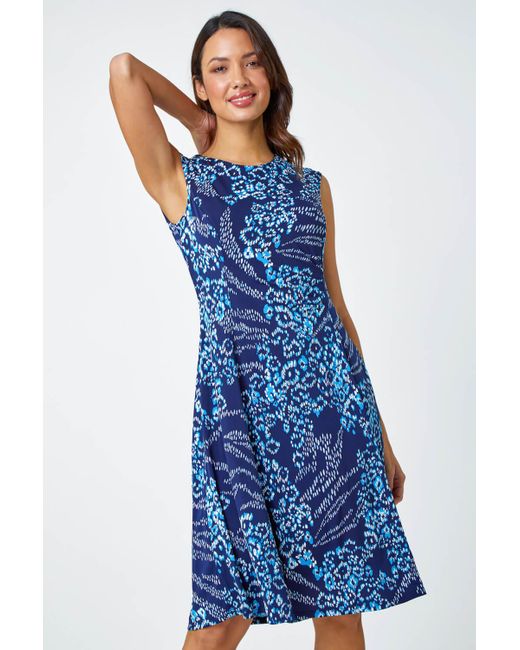 Roman Blue Animal Textured Puff Print Stretch Dress