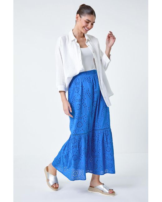 Roman Blue Cotton Broderie Pocket Midi Skirt
