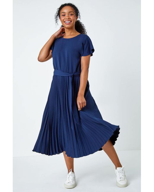 Roman Blue Originals Petite Plain Pleated Skirt Midi Dress