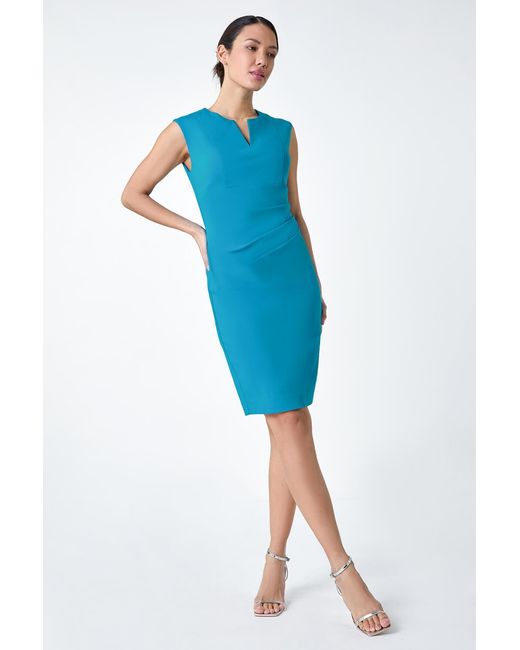 Roman Blue Sleeveless Stretch Ruched Bodycon Dress