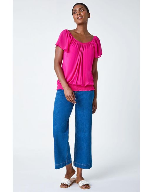 Roman Pink Chiffon Sleeve V-Neck Stretch Jersey Top