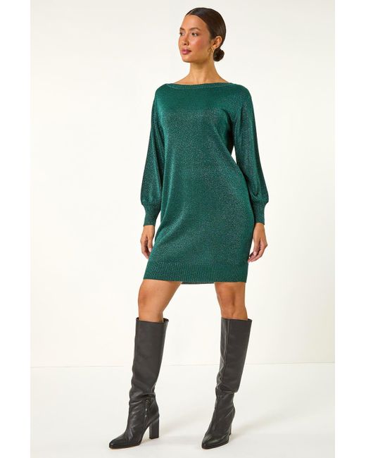 Roman Green Metallic Slash Neck Jumper Dress