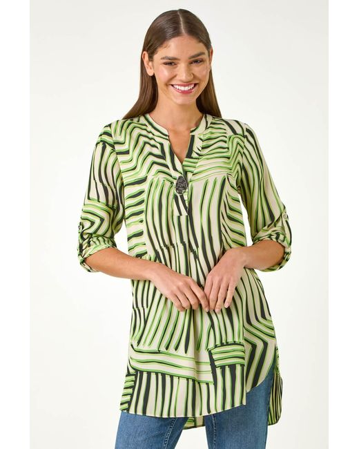 Roman Green Abstract Linear Print V-Neck Button Top
