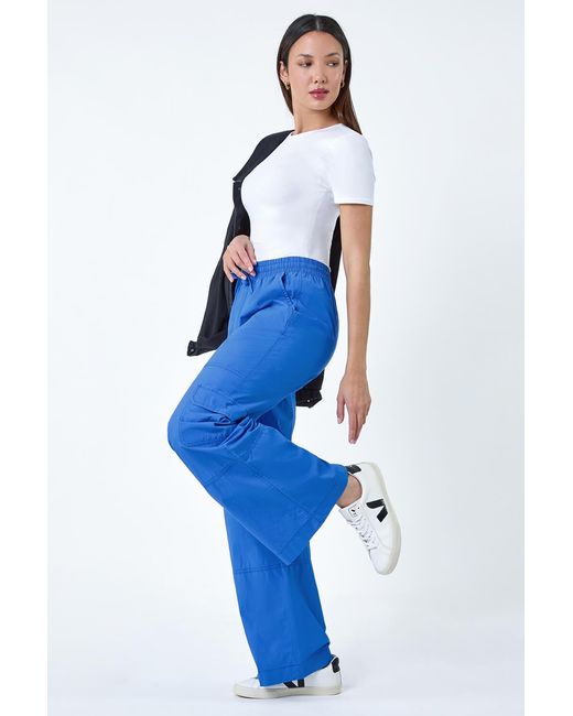 Roman Blue Cotton Elastic Waist Wide Leg Cargo Trousers