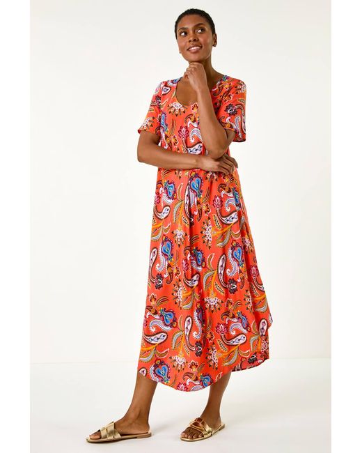 Roman Red Paisley Print Midi T-Shirt Dress