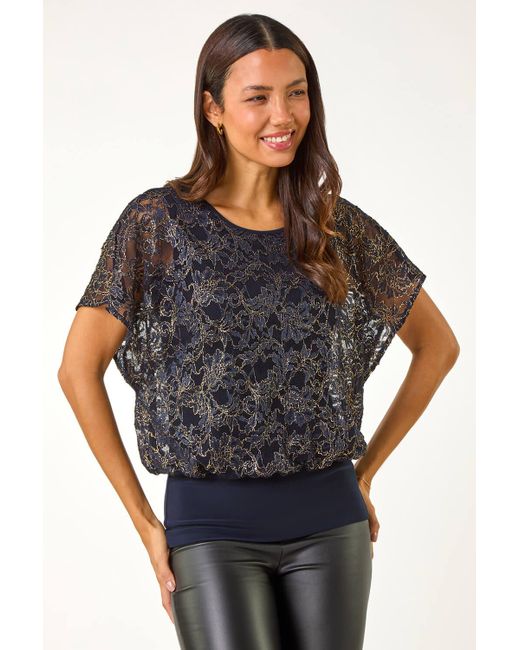 Roman Black Metallic Lace Bubble Hem Top