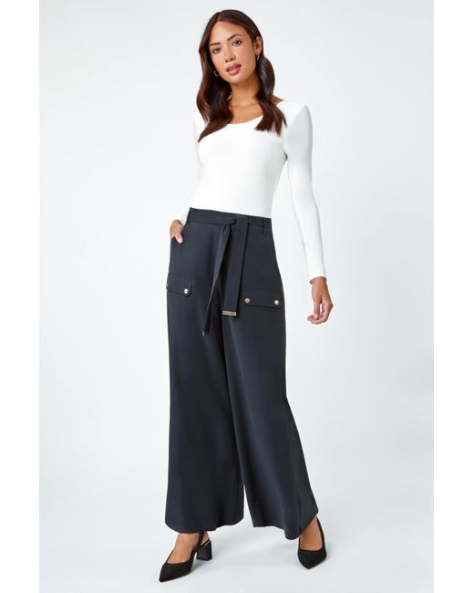 Roman White Wide Leg Belted Stretch Trousers