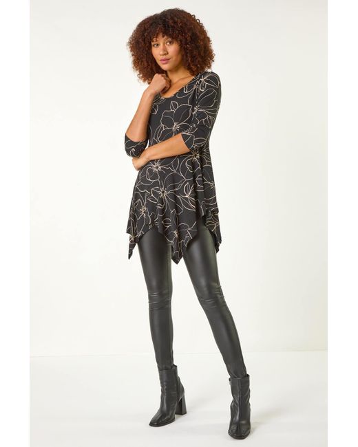 Roman Black Floral Textured Asymmetric Tunic Top