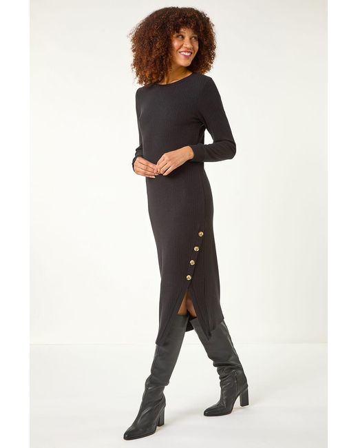 Roman Gray Ribbed Button Detail Stretch Midi Dress