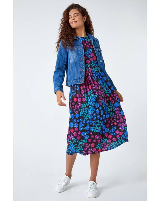 Roman Blue Floral Print Midi Stretch Dress