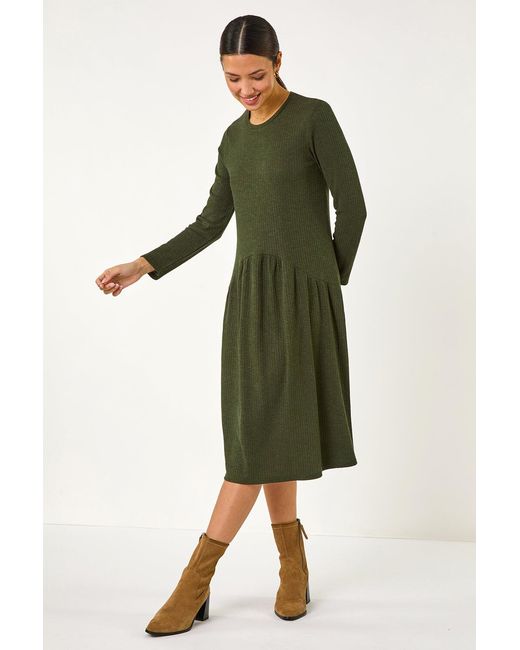 Roman Green Ribbed Drop Waist Stretch Midi Dress