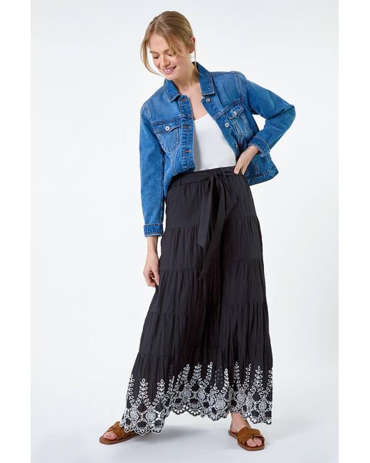 Roman Blue Cotton Broderie A Line Tiered Maxi Skirt