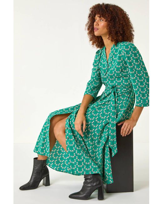 Roman Green Leaf Print Midi Shirt Dress