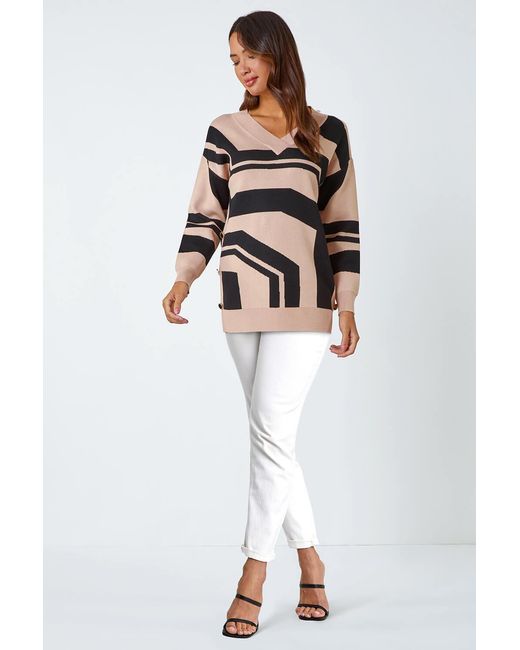 Roman Natural Abstract Print Button Detail Longline Jumper