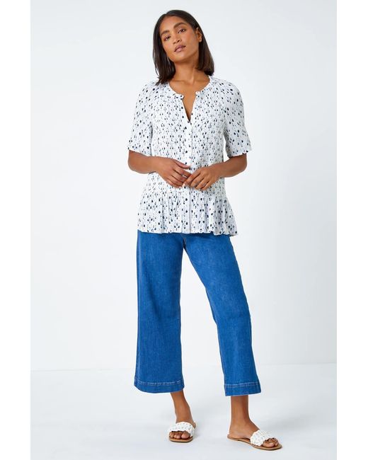 Roman White Ditsy Print V-Neck Crinkle Button Blouse