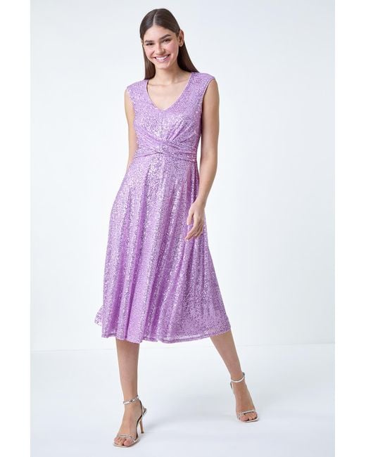 Roman Purple Sequin Wrap Detail Midi Dress