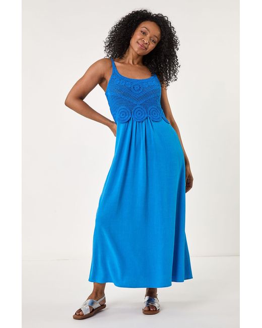Roman Petite Blue Crochet Contrast Midi Dress