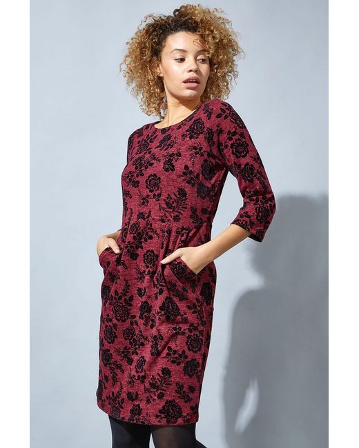 Roman Red Floral Flocked Pocket Detail Shift Dress