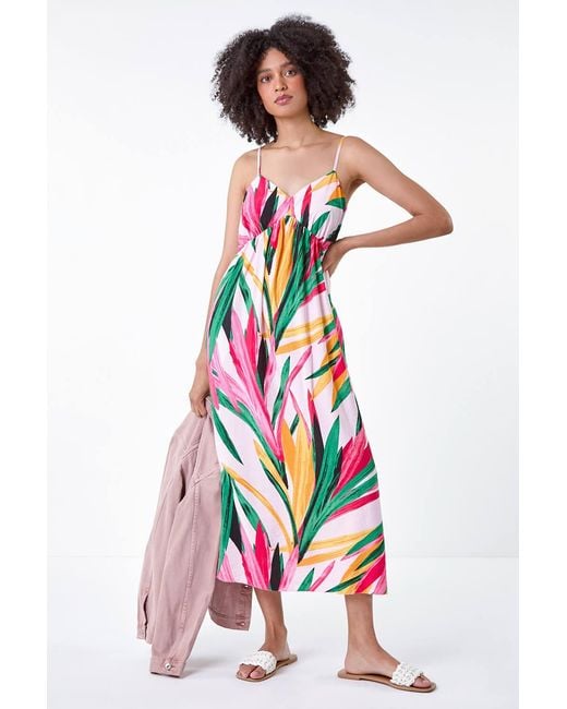 Roman Pink Tropical Leaf Tie Detail Midi Dress