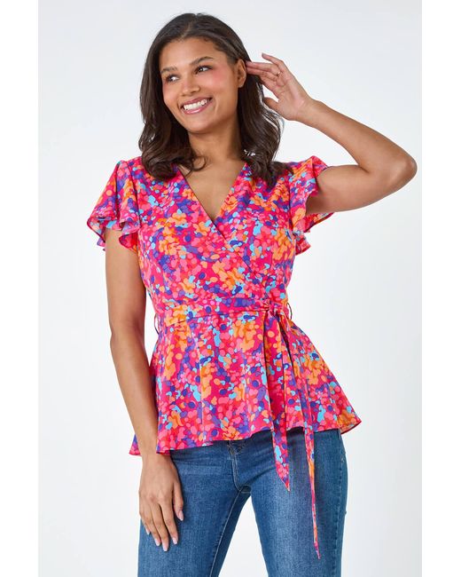 Lilly-and-Hope Red Floral Print V-Neck Frill Detail Top