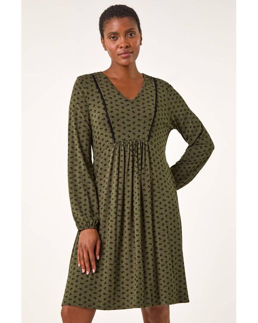 Roman Green Ditsy Lace Trim V-Neck Frill Dress
