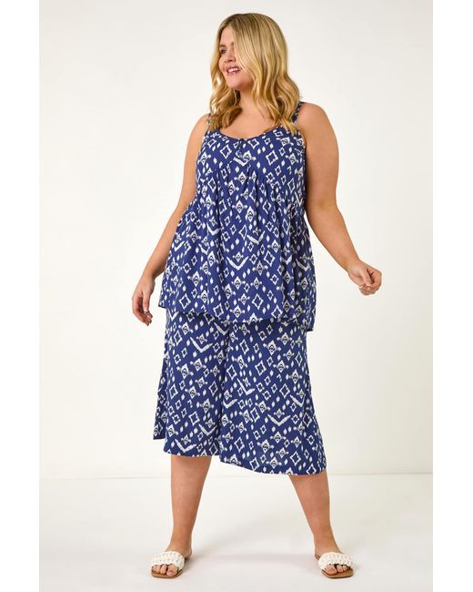 Roman Curve Blue Ikat Print Wide Leg Culottes