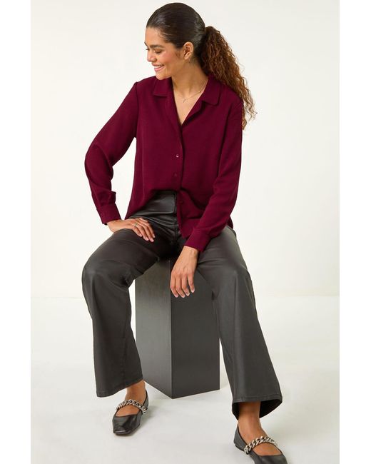 Roman Red V-Neck Collar Button Detail Blouse