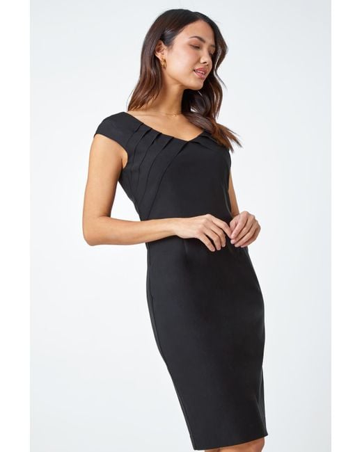 Roman Black Sleeveless Pleat Detail Stretch Dress