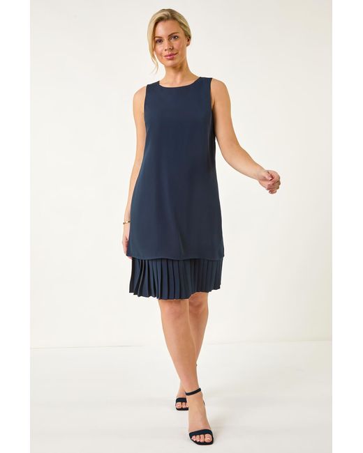 Roman Petite Blue Pleated Hem Shift Dress