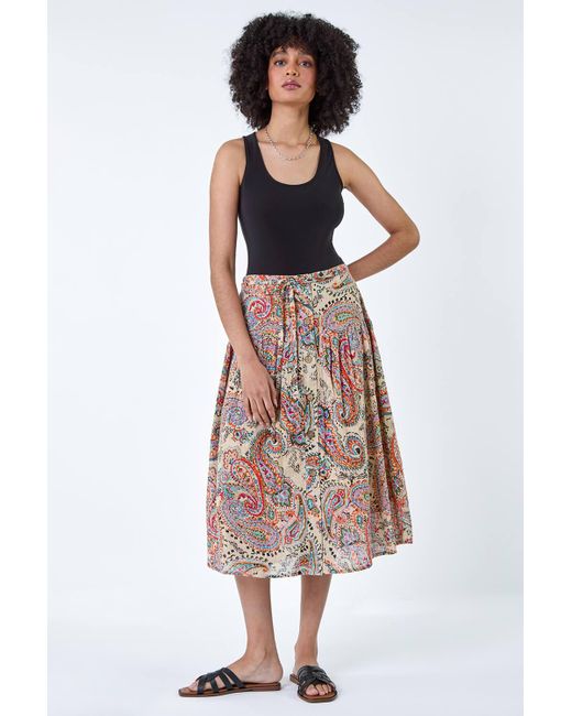 Roman Multicolor Cotton Paisley Boho Midi Skirt