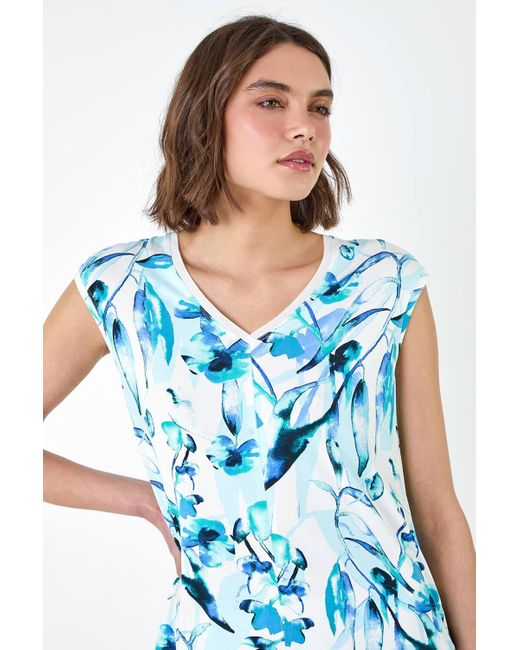 Roman Blue Floral Print Chiffon Hem T-shirt