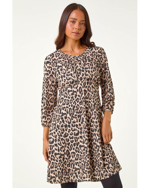 Roman Petite Natural Animal Print Gathered Waist Dress