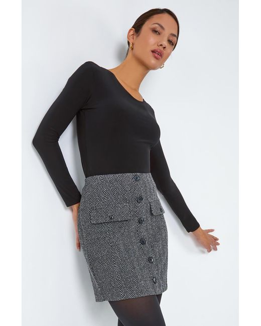 Roman Gray Tweed Look Button Elastic Waist Stretch Skirt