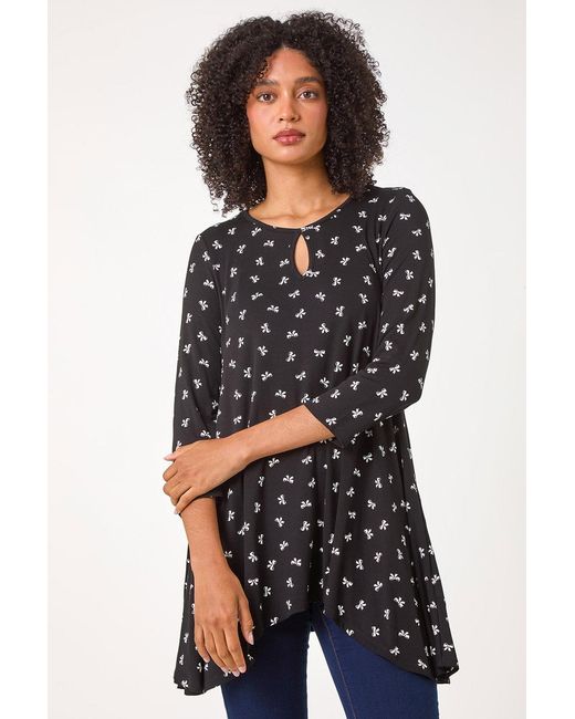 Roman Black Bow Print Cutout Tunic Top