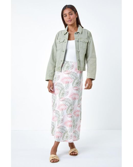 Roman White Leaf Print Linen Blend A-Line Skirt