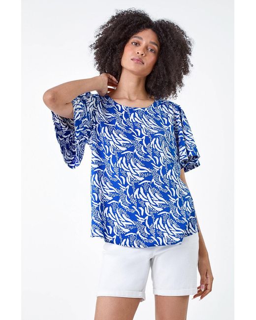 Roman Blue Abstract Print Flared Sleeve Top