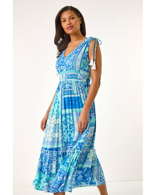 Roman Blue Patchwork Shimmer Maxi Dress