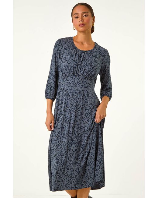 Roman Petite Blue Spot Print Ruched Midi Dress