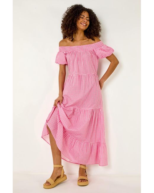 D.u.s.k Pink Gingham Bardot Tiered Maxi Dress