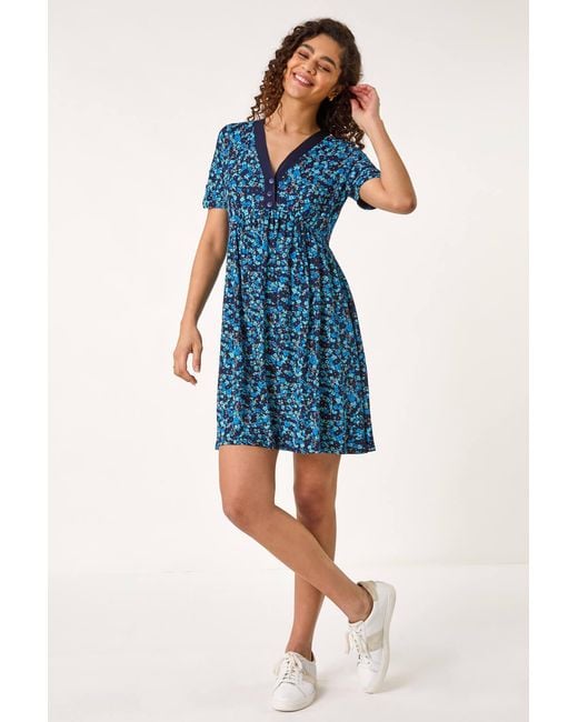 Roman Blue Floral Print Contrast Band Dress
